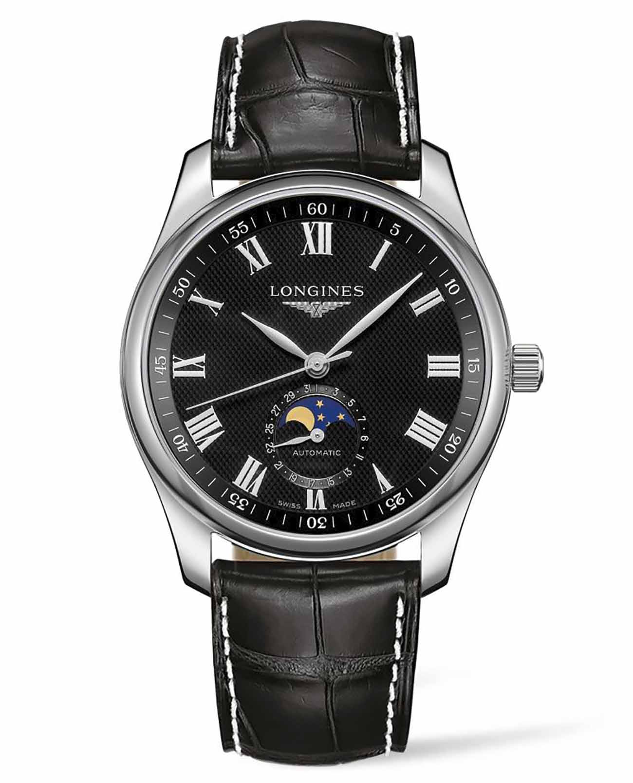 Longines Longines Master Collection L2.909.4.51.7  L29094517 механические мужские часы черный циферблат, браслет кожаный — вид спереди